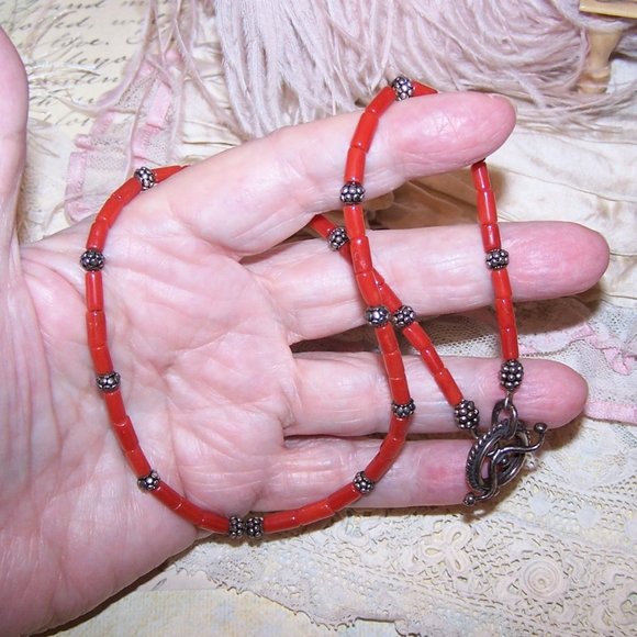 Sterling Silver and Red Coral Bead Necklace and Bracelet - Picture 5 of 8